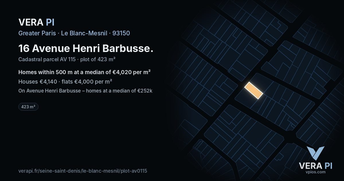 16 Avenue Henri Barbusse, Le Blanc-Mesnil at night – the plot lit, the parcels around coloured by the prices near them