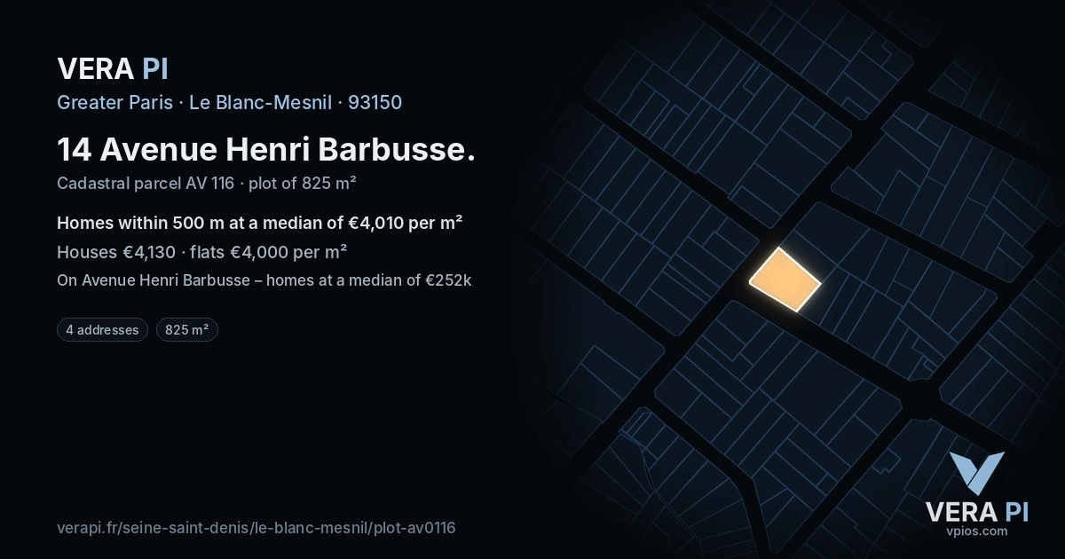 14 Avenue Henri Barbusse, Le Blanc-Mesnil at night – the plot lit, the parcels around coloured by the prices near them