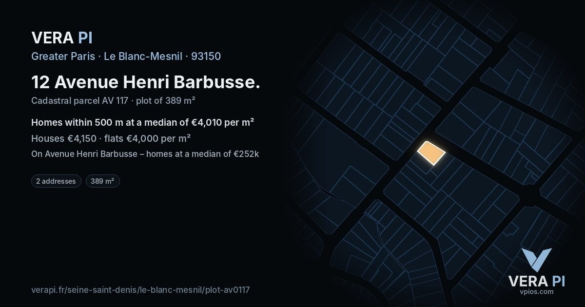 12 Avenue Henri Barbusse, Le Blanc-Mesnil at night – the plot lit, the parcels around coloured by the prices near them
