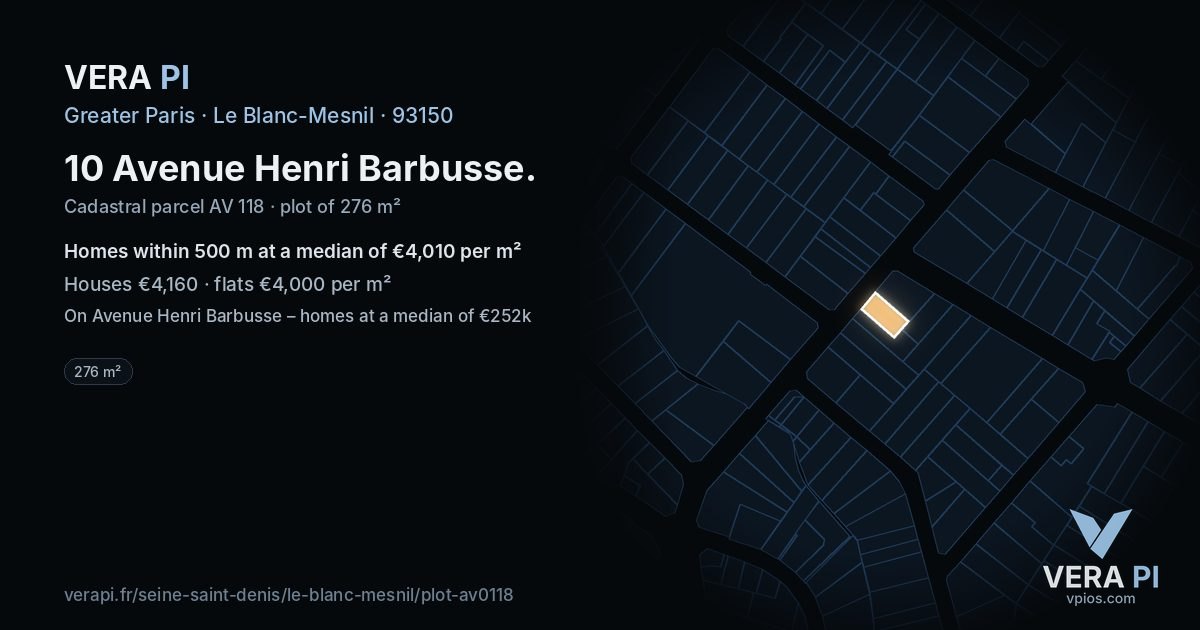 10 Avenue Henri Barbusse, Le Blanc-Mesnil at night – the plot lit, the parcels around coloured by the prices near them