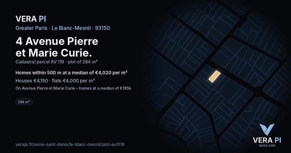 4 Avenue Pierre et Marie Curie, Le Blanc-Mesnil at night – the plot lit, the parcels around coloured by the prices near them