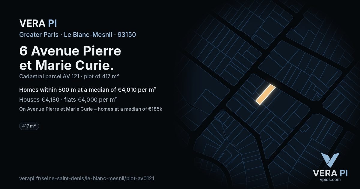 6 Avenue Pierre et Marie Curie, Le Blanc-Mesnil at night – the plot lit, the parcels around coloured by the prices near them