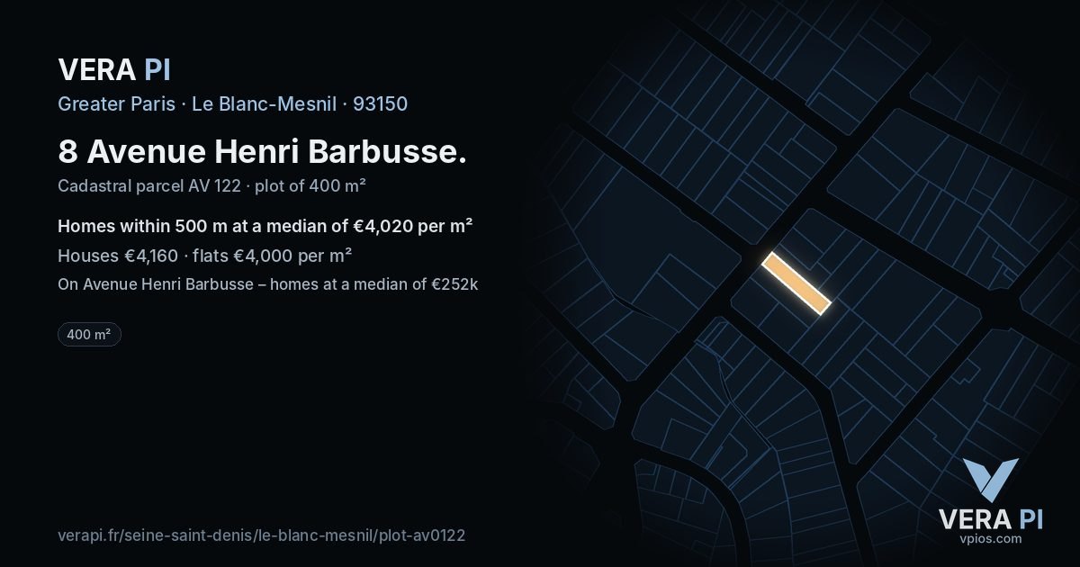 8 Avenue Henri Barbusse, Le Blanc-Mesnil at night – the plot lit, the parcels around coloured by the prices near them