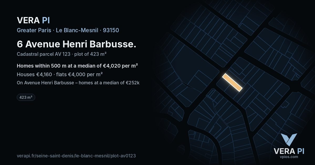 6 Avenue Henri Barbusse, Le Blanc-Mesnil at night – the plot lit, the parcels around coloured by the prices near them