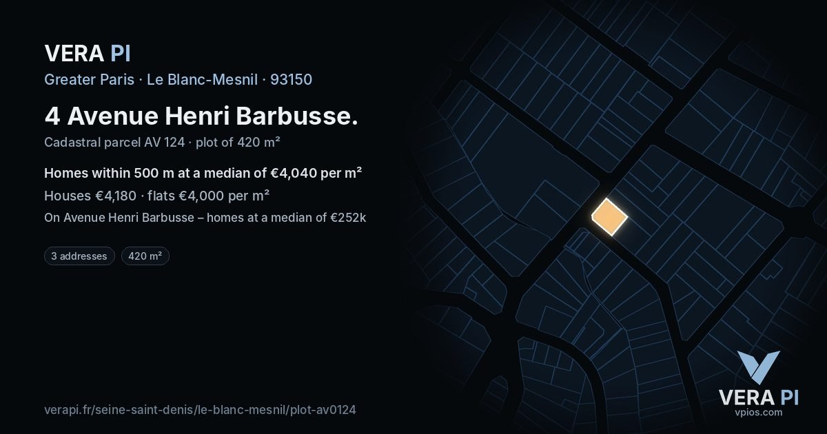 4 Avenue Henri Barbusse, Le Blanc-Mesnil at night – the plot lit, the parcels around coloured by the prices near them