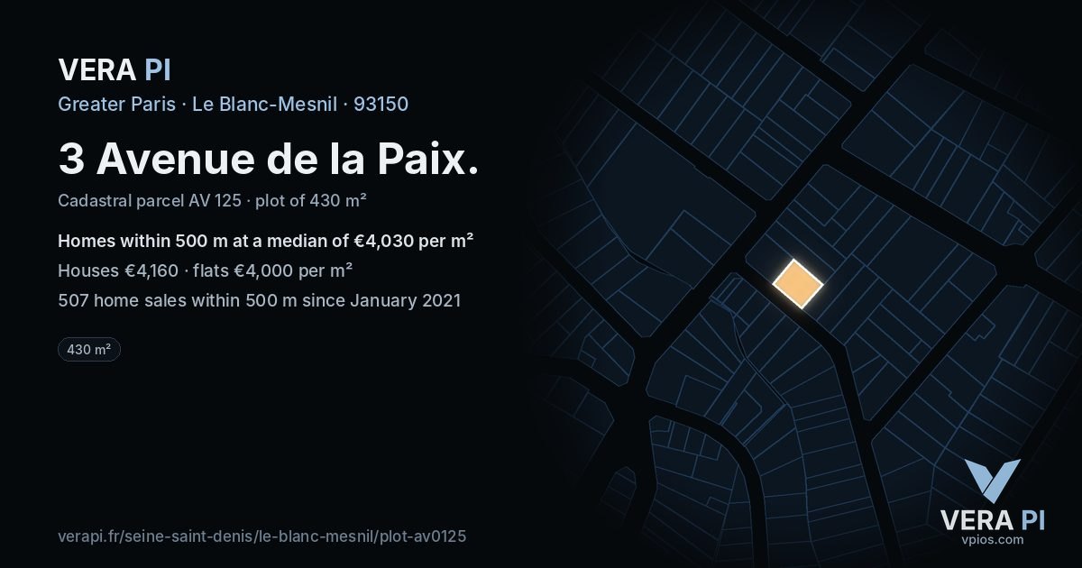 3 Avenue de la Paix, Le Blanc-Mesnil at night – the plot lit, the parcels around coloured by the prices near them