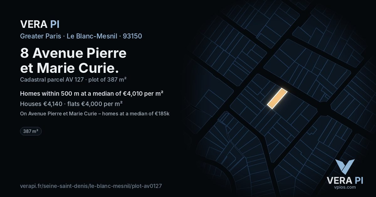 8 Avenue Pierre et Marie Curie, Le Blanc-Mesnil at night – the plot lit, the parcels around coloured by the prices near them