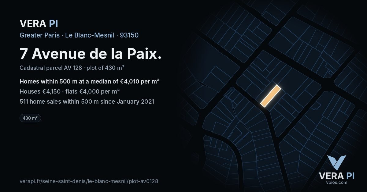7 Avenue de la Paix, Le Blanc-Mesnil at night – the plot lit, the parcels around coloured by the prices near them
