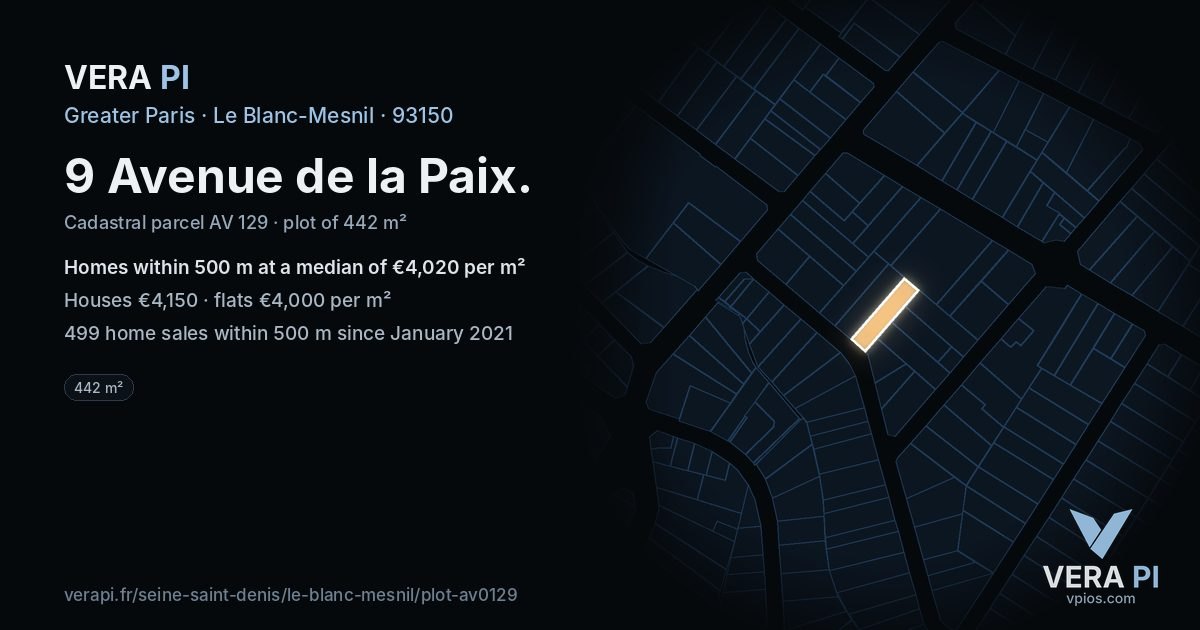 9 Avenue de la Paix, Le Blanc-Mesnil at night – the plot lit, the parcels around coloured by the prices near them