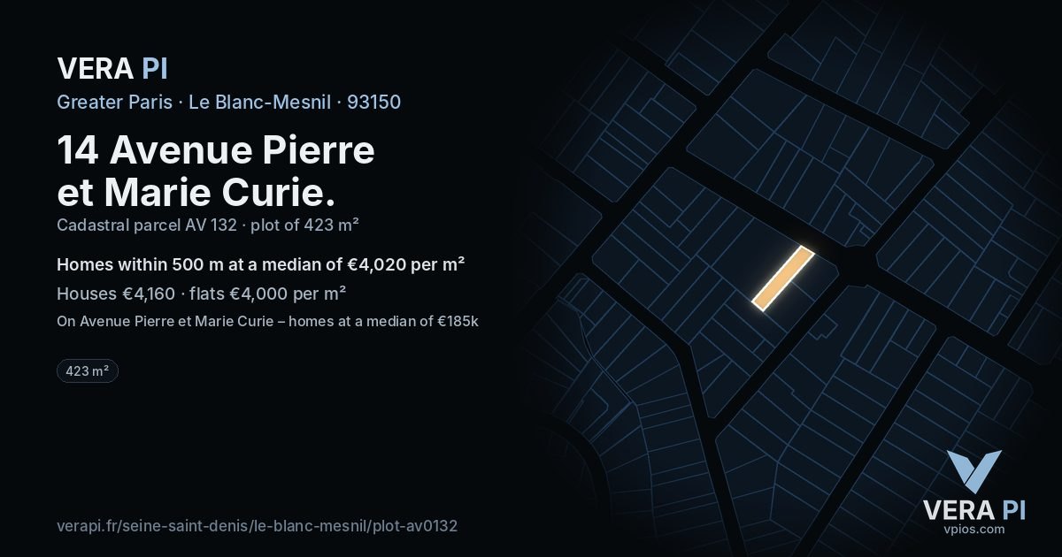 14 Avenue Pierre et Marie Curie, Le Blanc-Mesnil at night – the plot lit, the parcels around coloured by the prices near them