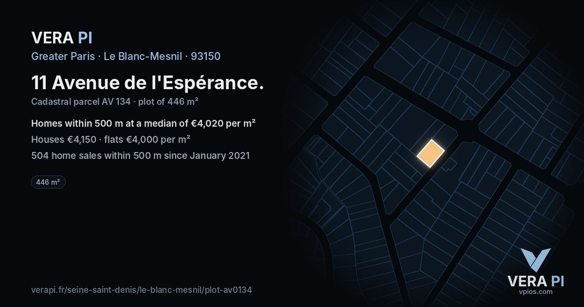 11 Avenue de l'Espérance, Le Blanc-Mesnil at night – the plot lit, the parcels around coloured by the prices near them