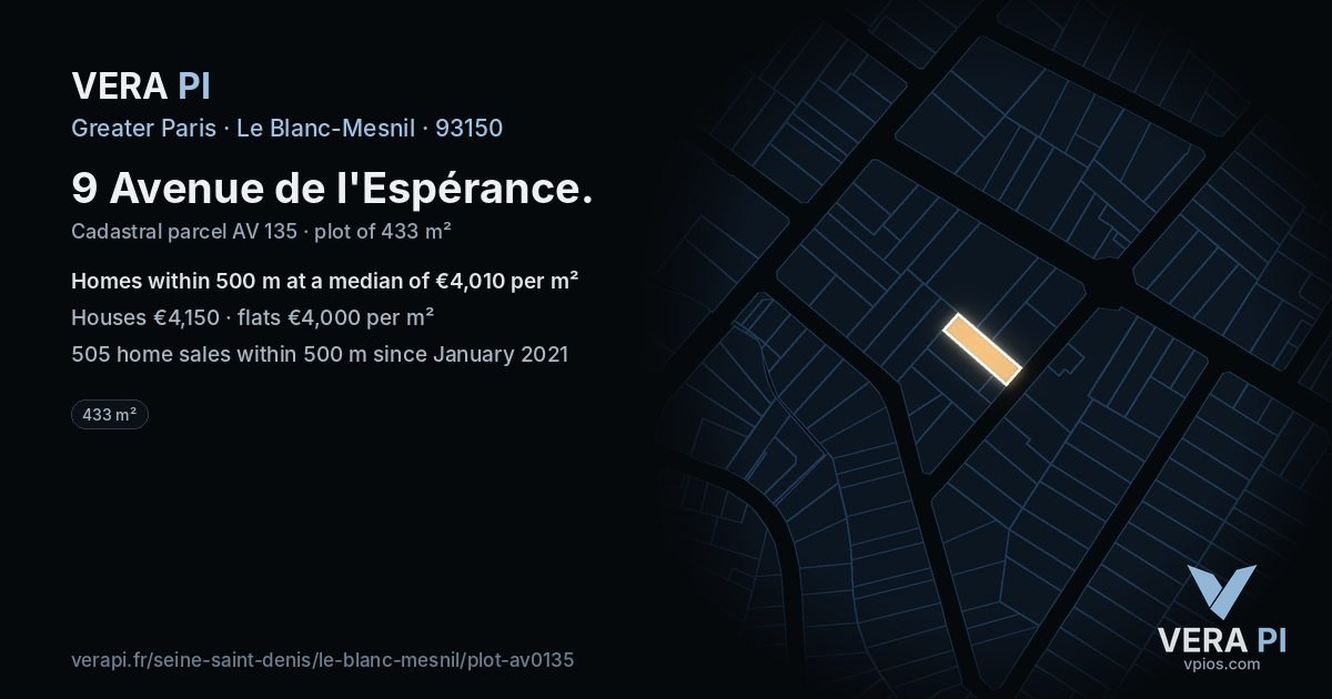 9 Avenue de l'Espérance, Le Blanc-Mesnil at night – the plot lit, the parcels around coloured by the prices near them
