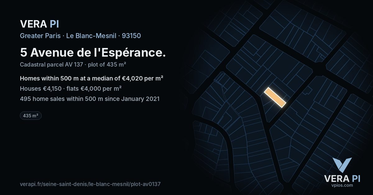 5 Avenue de l'Espérance, Le Blanc-Mesnil at night – the plot lit, the parcels around coloured by the prices near them