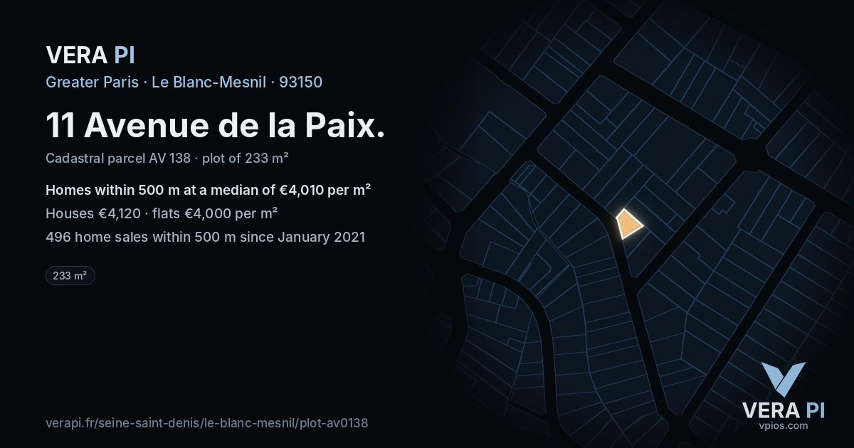 11 Avenue de la Paix, Le Blanc-Mesnil at night – the plot lit, the parcels around coloured by the prices near them