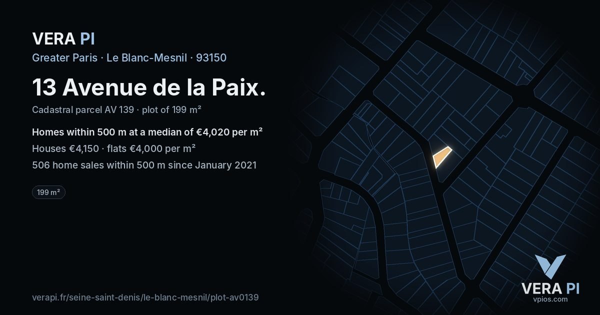 13 Avenue de la Paix, Le Blanc-Mesnil at night – the plot lit, the parcels around coloured by the prices near them