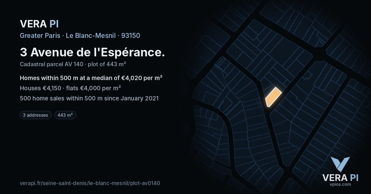 3 Avenue de l'Espérance, Le Blanc-Mesnil at night – the plot lit, the parcels around coloured by the prices near them