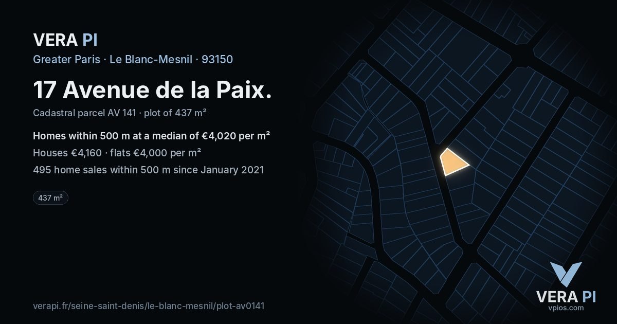 17 Avenue de la Paix, Le Blanc-Mesnil at night – the plot lit, the parcels around coloured by the prices near them