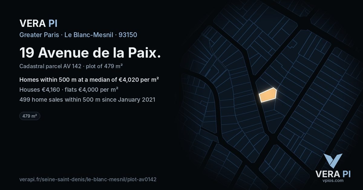 19 Avenue de la Paix, Le Blanc-Mesnil at night – the plot lit, the parcels around coloured by the prices near them
