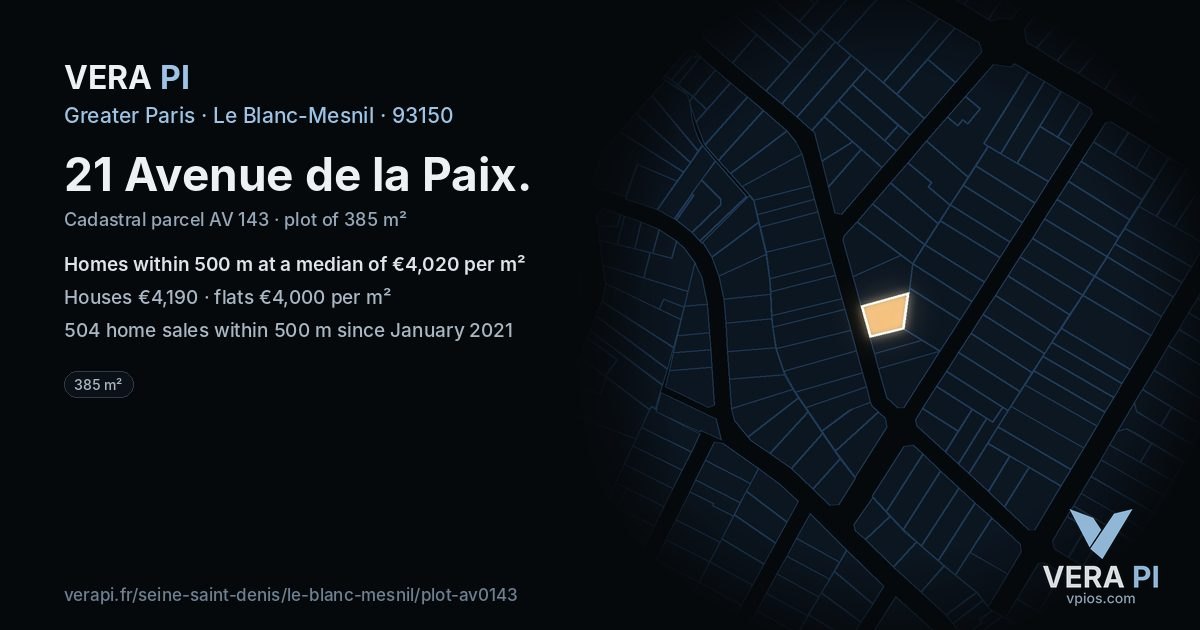 21 Avenue de la Paix, Le Blanc-Mesnil at night – the plot lit, the parcels around coloured by the prices near them