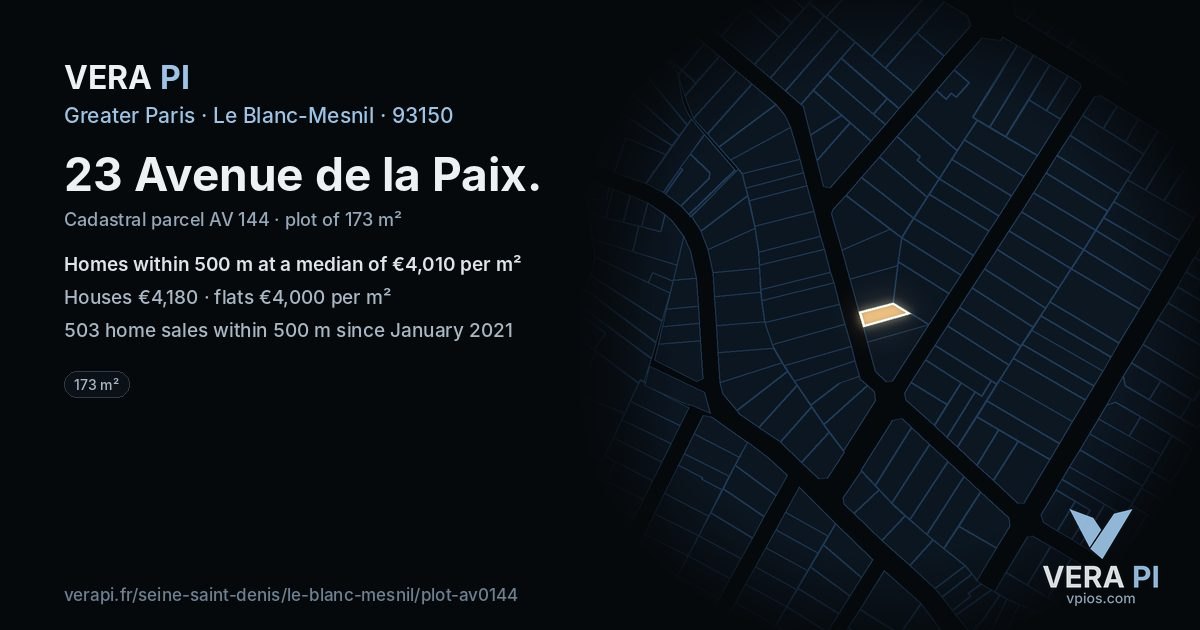 23 Avenue de la Paix, Le Blanc-Mesnil at night – the plot lit, the parcels around coloured by the prices near them