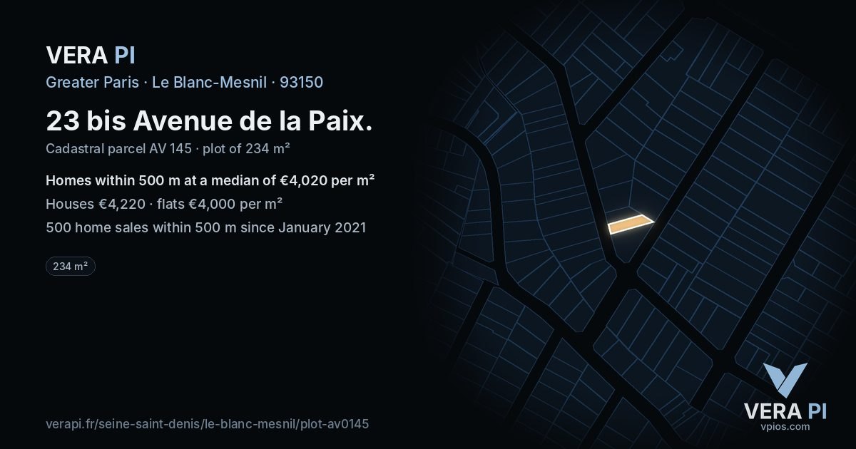 23 bis Avenue de la Paix, Le Blanc-Mesnil at night – the plot lit, the parcels around coloured by the prices near them