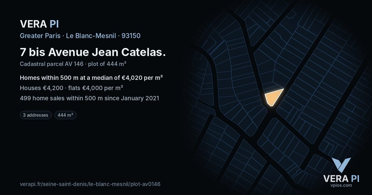 7 bis Avenue Jean Catelas, Le Blanc-Mesnil at night – the plot lit, the parcels around coloured by the prices near them