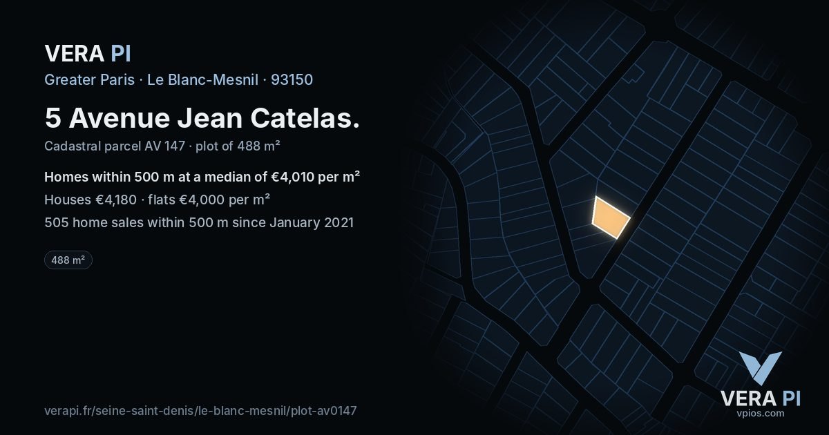 5 Avenue Jean Catelas, Le Blanc-Mesnil at night – the plot lit, the parcels around coloured by the prices near them
