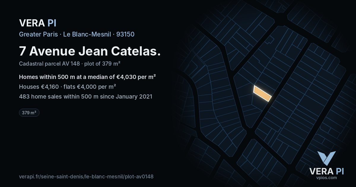7 Avenue Jean Catelas, Le Blanc-Mesnil at night – the plot lit, the parcels around coloured by the prices near them