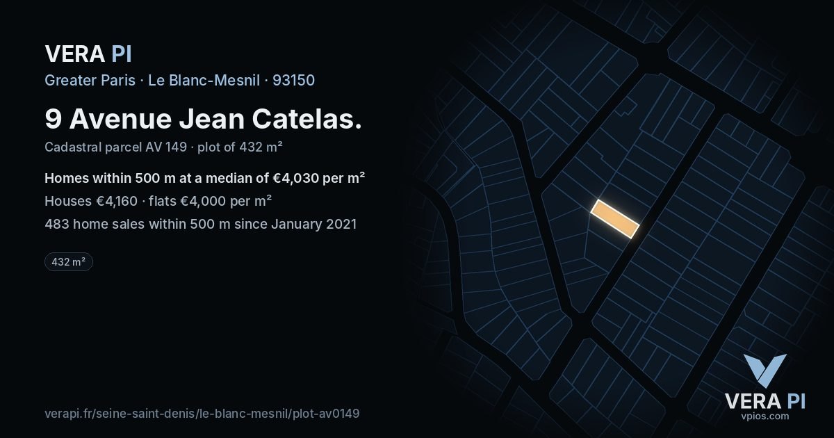 9 Avenue Jean Catelas, Le Blanc-Mesnil at night – the plot lit, the parcels around coloured by the prices near them