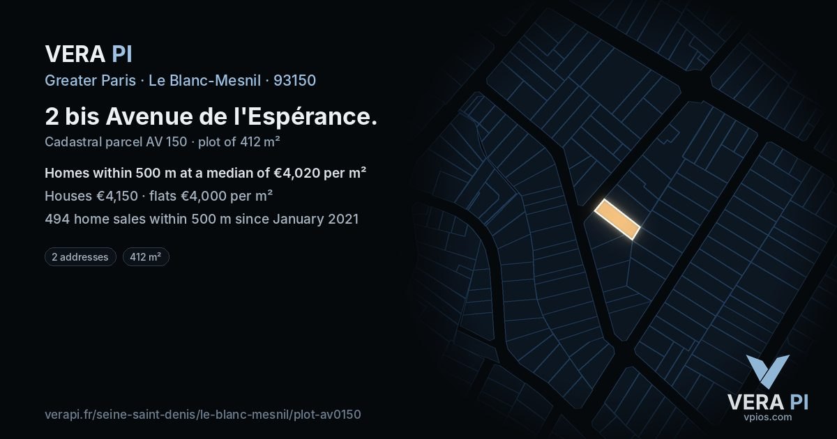 2 bis Avenue de l'Espérance, Le Blanc-Mesnil at night – the plot lit, the parcels around coloured by the prices near them