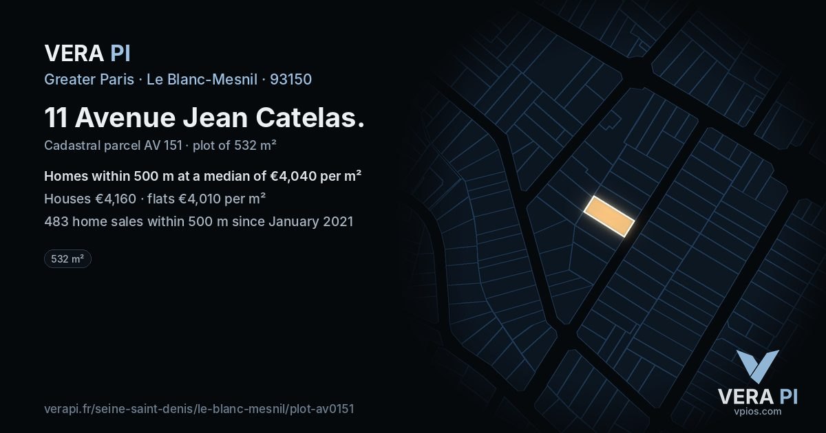 11 Avenue Jean Catelas, Le Blanc-Mesnil at night – the plot lit, the parcels around coloured by the prices near them