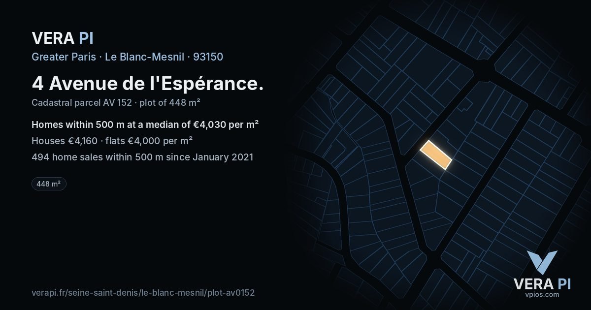 4 Avenue de l'Espérance, Le Blanc-Mesnil at night – the plot lit, the parcels around coloured by the prices near them