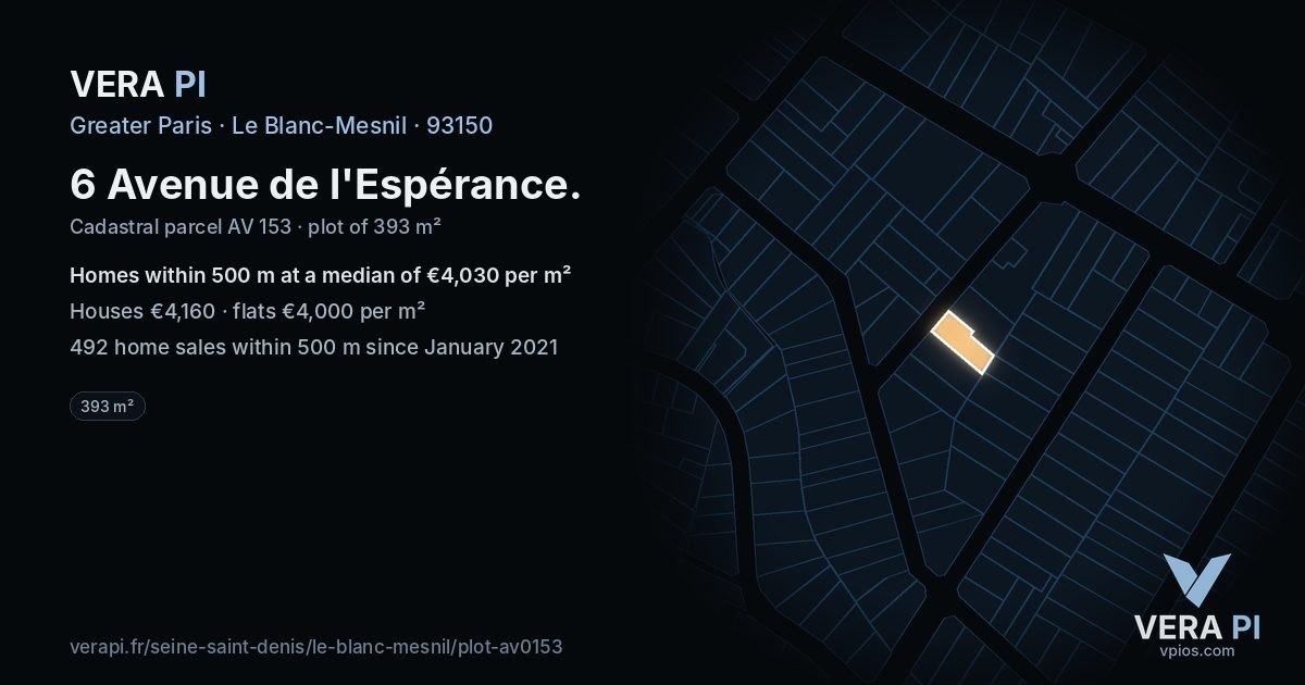 6 Avenue de l'Espérance, Le Blanc-Mesnil at night – the plot lit, the parcels around coloured by the prices near them