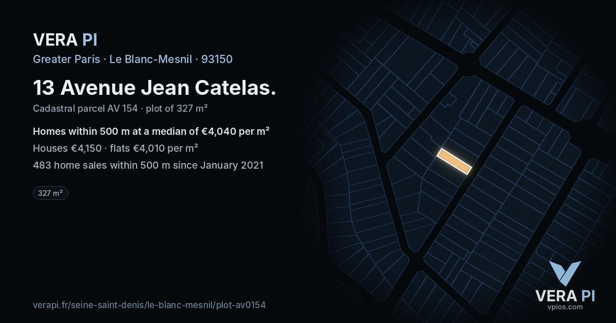 13 Avenue Jean Catelas, Le Blanc-Mesnil at night – the plot lit, the parcels around coloured by the prices near them