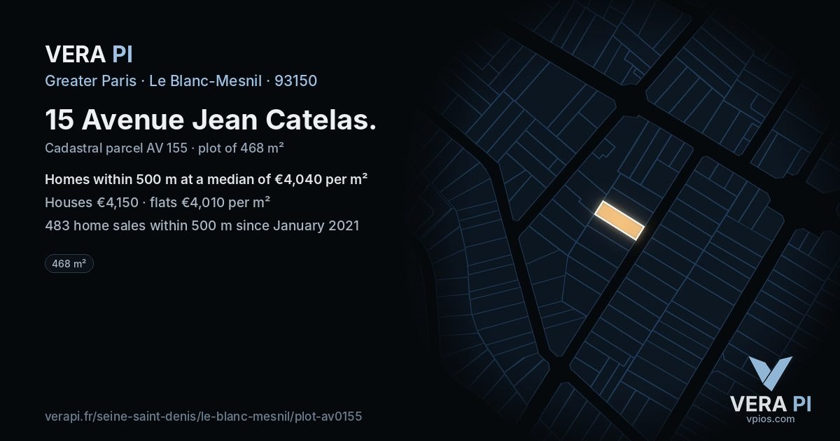 15 Avenue Jean Catelas, Le Blanc-Mesnil at night – the plot lit, the parcels around coloured by the prices near them