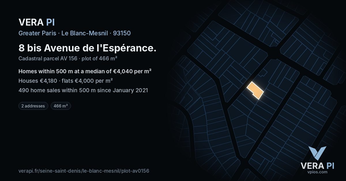 8 bis Avenue de l'Espérance, Le Blanc-Mesnil at night – the plot lit, the parcels around coloured by the prices near them