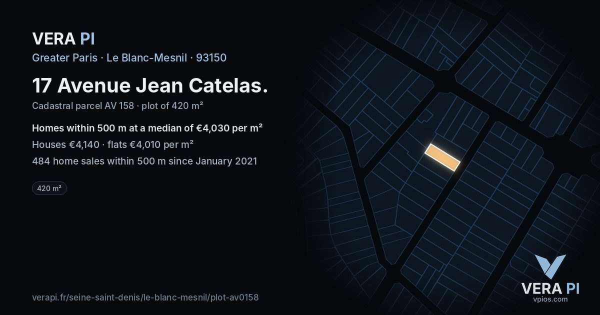17 Avenue Jean Catelas, Le Blanc-Mesnil at night – the plot lit, the parcels around coloured by the prices near them