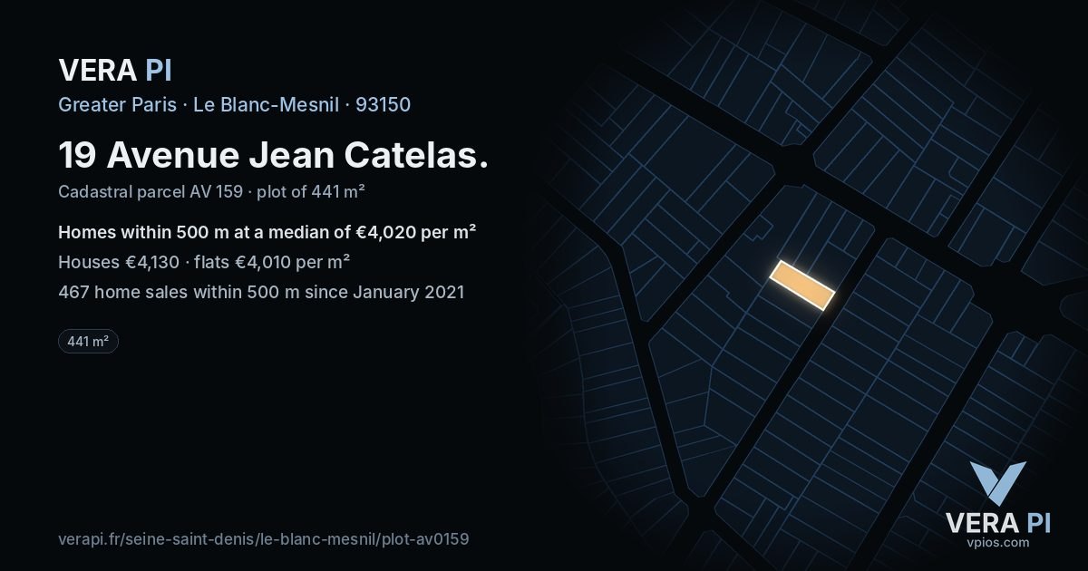 19 Avenue Jean Catelas, Le Blanc-Mesnil at night – the plot lit, the parcels around coloured by the prices near them