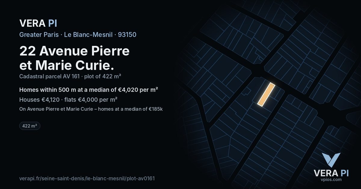 22 Avenue Pierre et Marie Curie, Le Blanc-Mesnil at night – the plot lit, the parcels around coloured by the prices near them