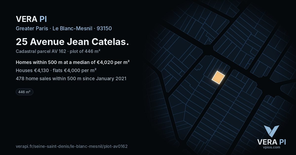 25 Avenue Jean Catelas, Le Blanc-Mesnil at night – the plot lit, the parcels around coloured by the prices near them