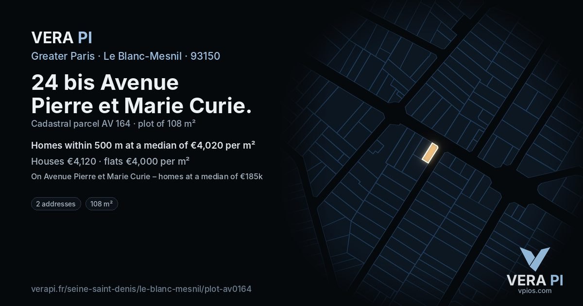24 bis Avenue Pierre et Marie Curie, Le Blanc-Mesnil at night – the plot lit, the parcels around coloured by the prices near them