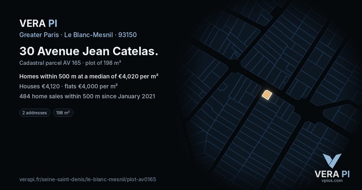 30 Avenue Jean Catelas, Le Blanc-Mesnil at night – the plot lit, the parcels around coloured by the prices near them