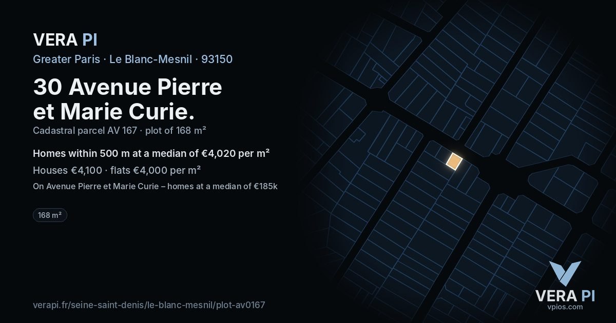 30 Avenue Pierre et Marie Curie, Le Blanc-Mesnil at night – the plot lit, the parcels around coloured by the prices near them