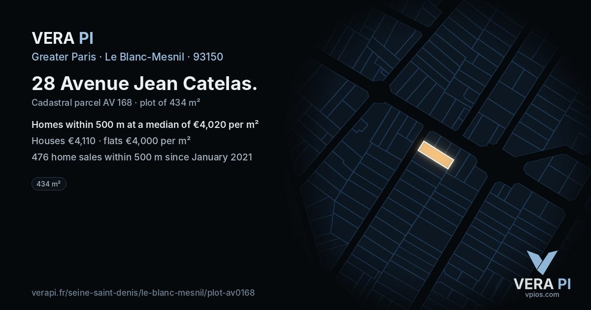 28 Avenue Jean Catelas, Le Blanc-Mesnil at night – the plot lit, the parcels around coloured by the prices near them