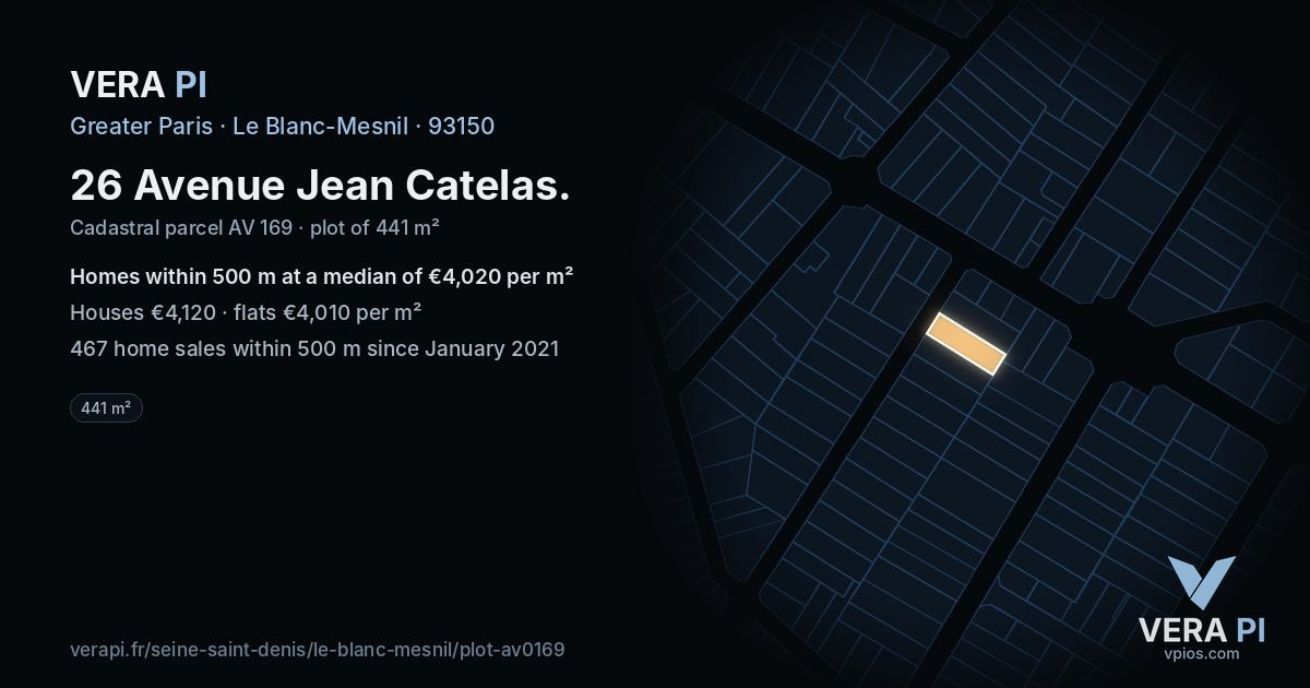 26 Avenue Jean Catelas, Le Blanc-Mesnil at night – the plot lit, the parcels around coloured by the prices near them