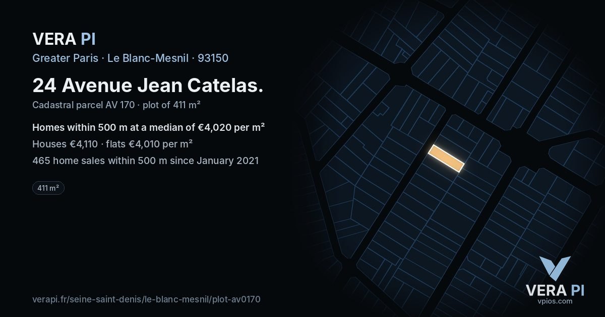 24 Avenue Jean Catelas, Le Blanc-Mesnil at night – the plot lit, the parcels around coloured by the prices near them