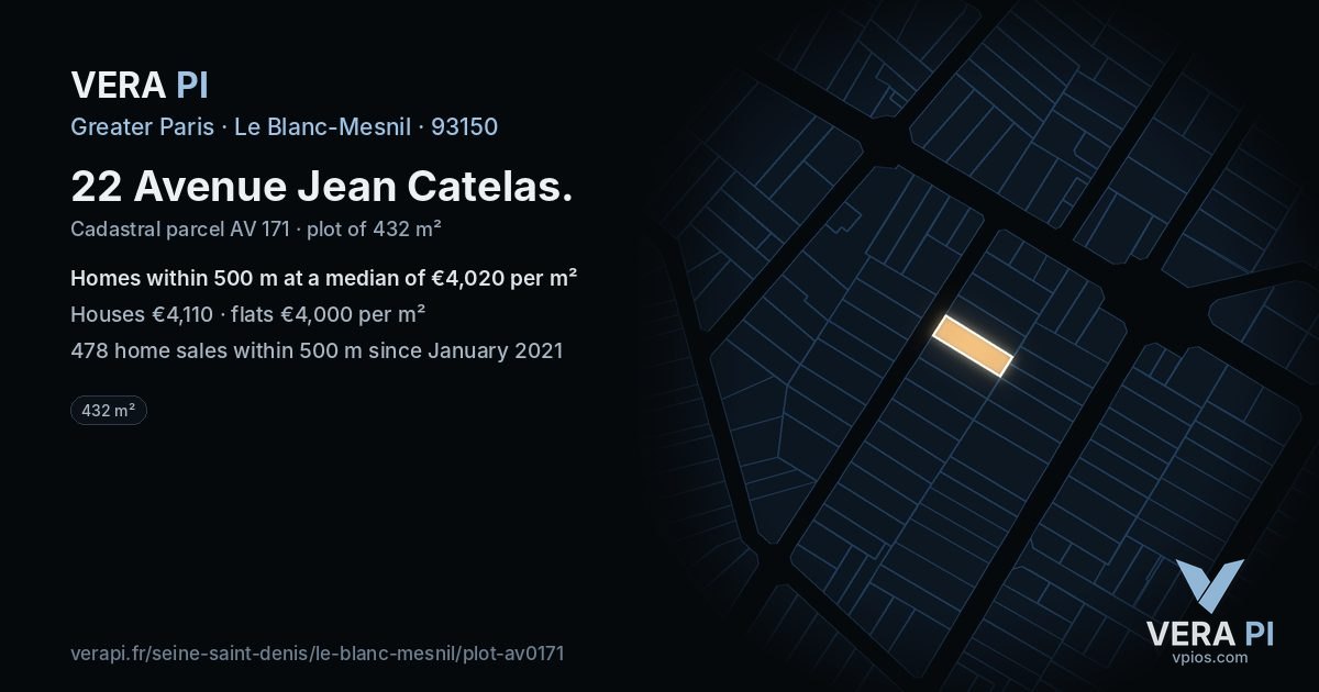 22 Avenue Jean Catelas, Le Blanc-Mesnil at night – the plot lit, the parcels around coloured by the prices near them