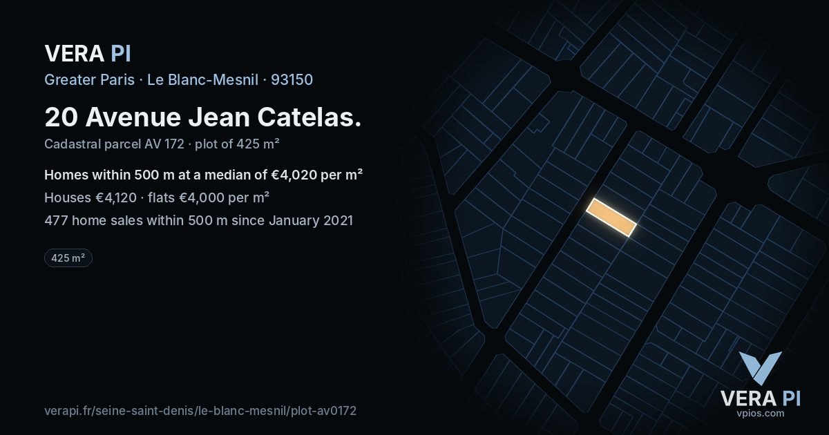 20 Avenue Jean Catelas, Le Blanc-Mesnil at night – the plot lit, the parcels around coloured by the prices near them