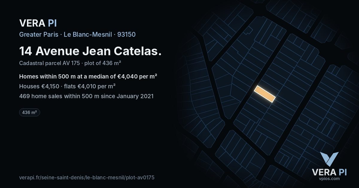 14 Avenue Jean Catelas, Le Blanc-Mesnil at night – the plot lit, the parcels around coloured by the prices near them