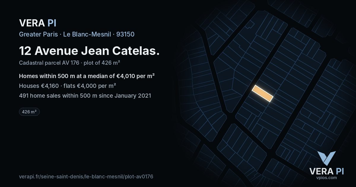 12 Avenue Jean Catelas, Le Blanc-Mesnil at night – the plot lit, the parcels around coloured by the prices near them